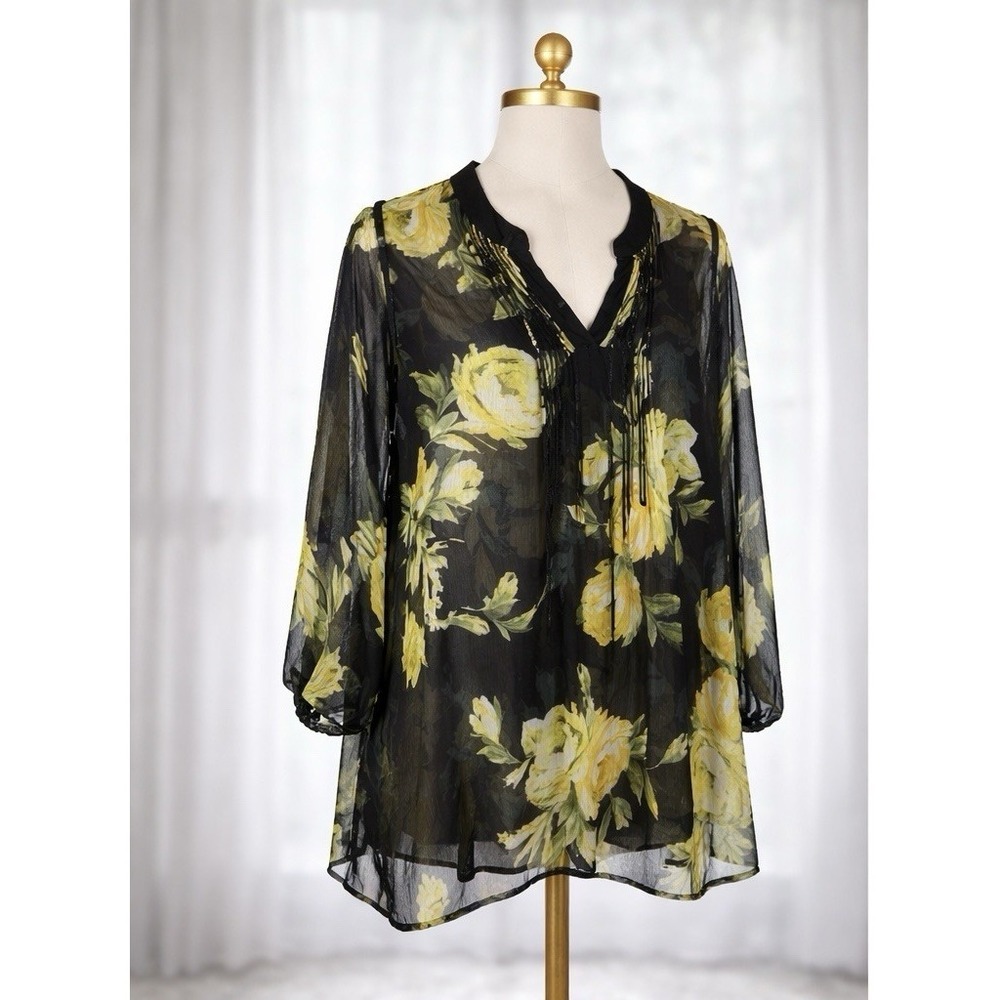 Susan Graver‎ Tunic Top Semi Sheer Black Yellow Floral Pintuck Lightweight 1x
